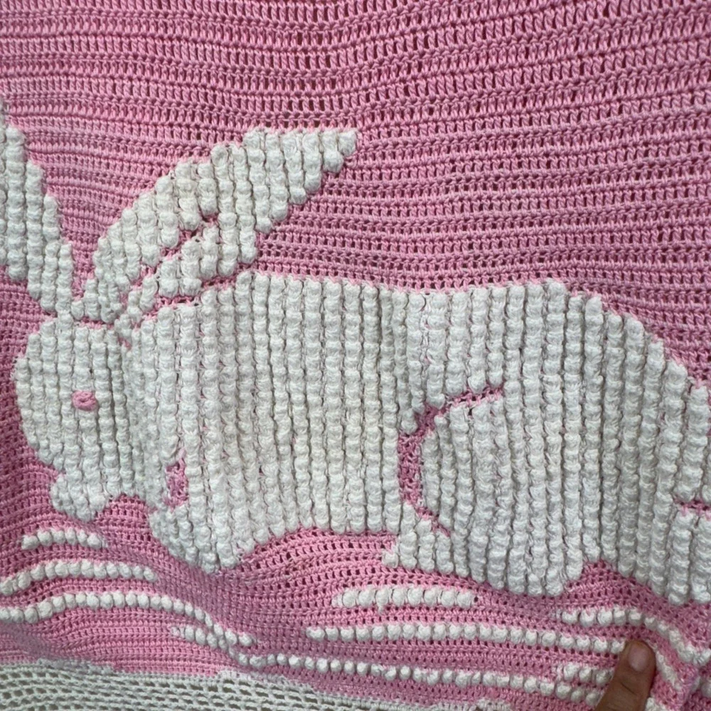 Handmade Vintage Crochet Baby Blanket Pink White Popcorn Stitch Bunny Rabbit